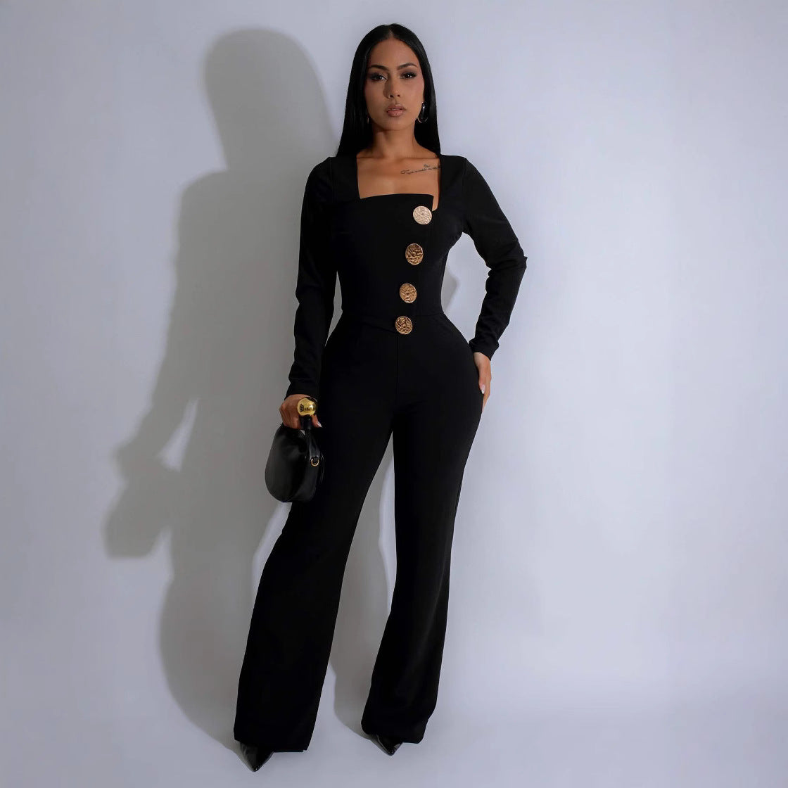 Women's Personalized Line Stitching Large Buttons Long-sleeved Pants