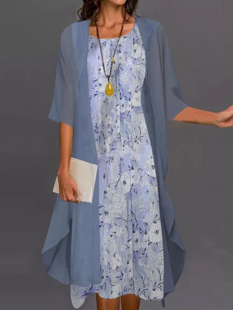 Women's Three-quarter Sleeve Printed Dress Chiffon Loose Waist Temperament Fashion Casual Suit