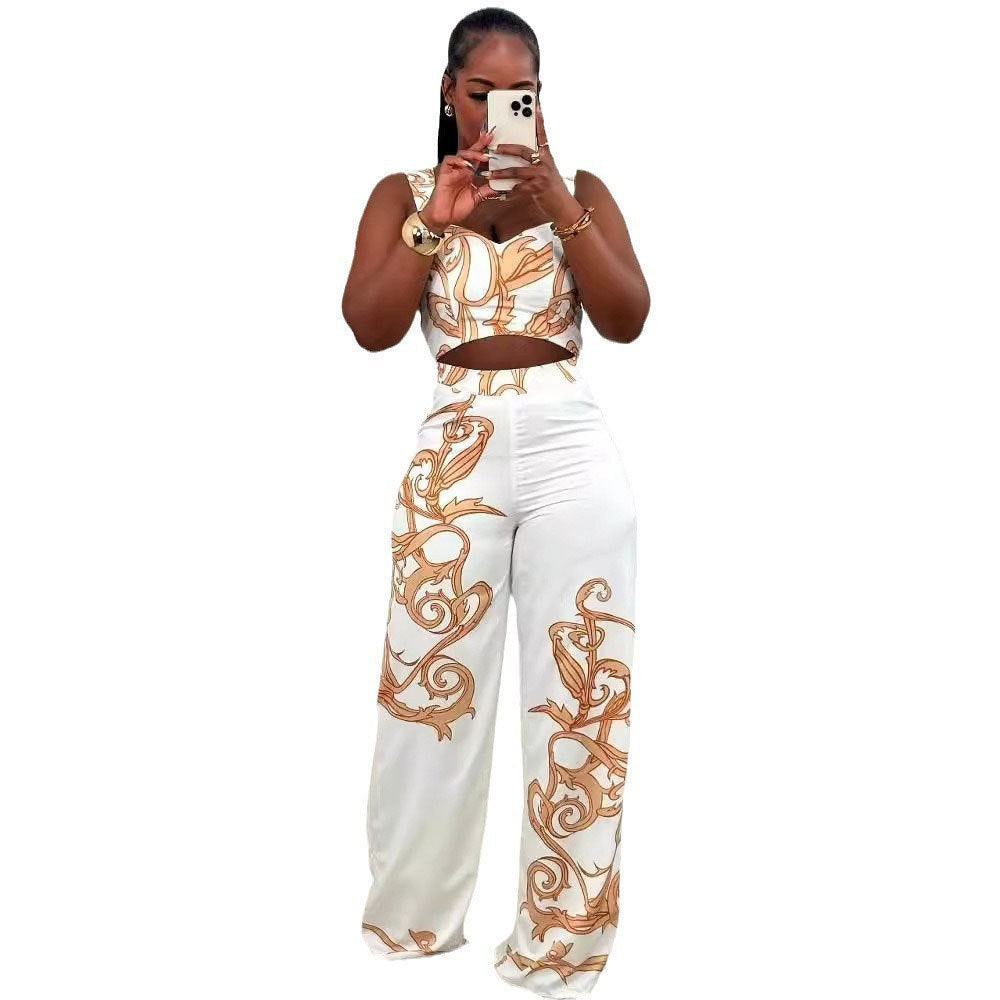 Sexy Print Suspenders High Waist Wide Leg Suits