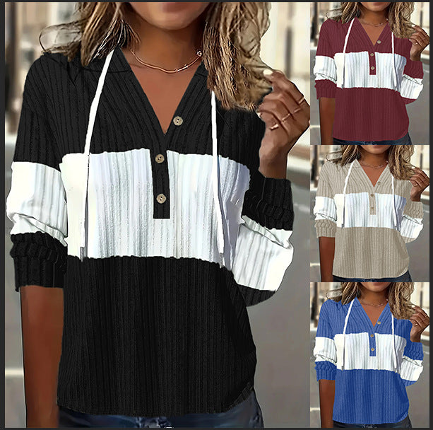 Women's Patchwork Easy Cap Long-sleeved T-shirt Tops