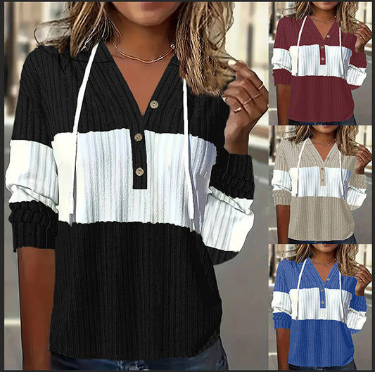 Women's Patchwork Easy Cap Long-sleeved T-shirt Tops