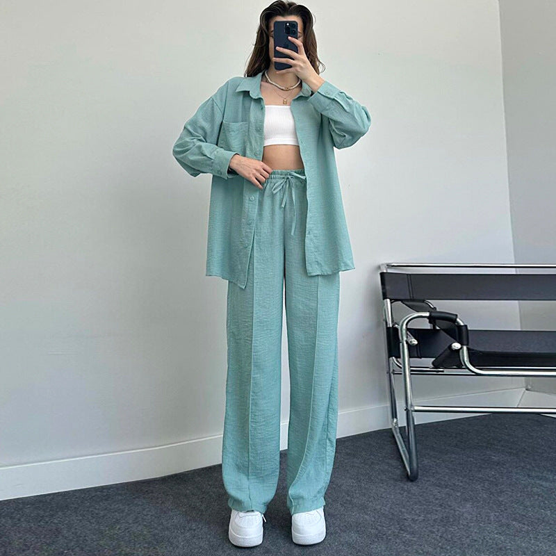 Women's Lady Loose Long-sleeved Shirt Trousers Two-piece Suits