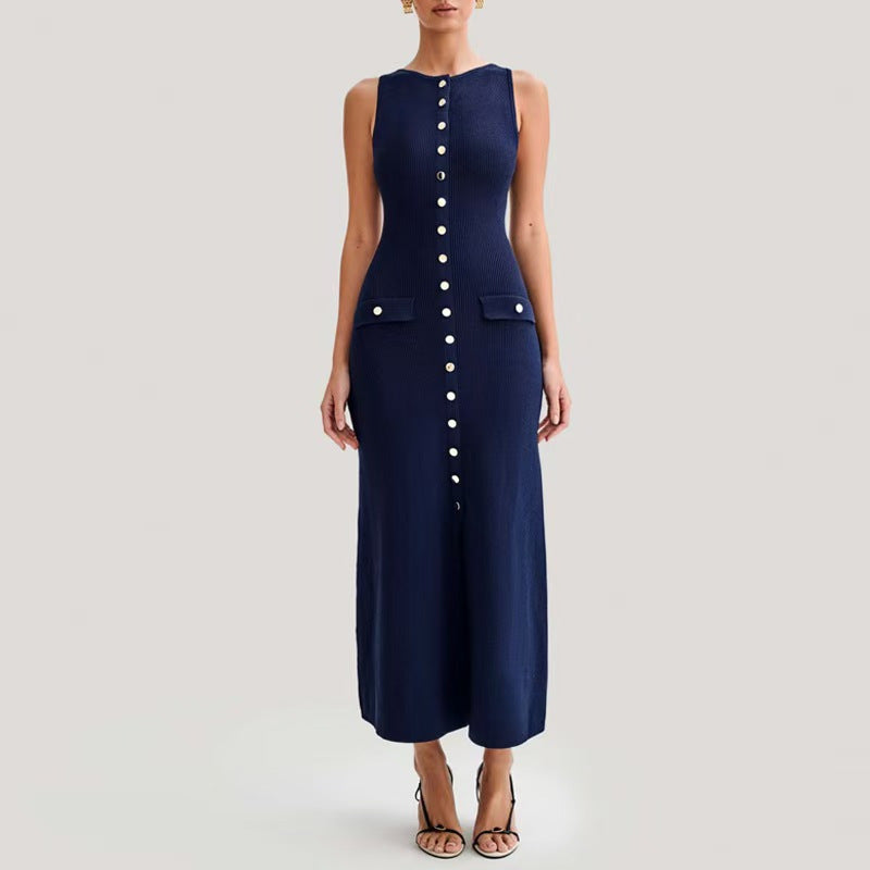 Neck Sleeveless Single-breasted High Waist Slim Dresses
