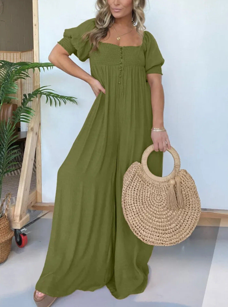 Pure Color Puff Sleeve Pleated Siamese Skirts