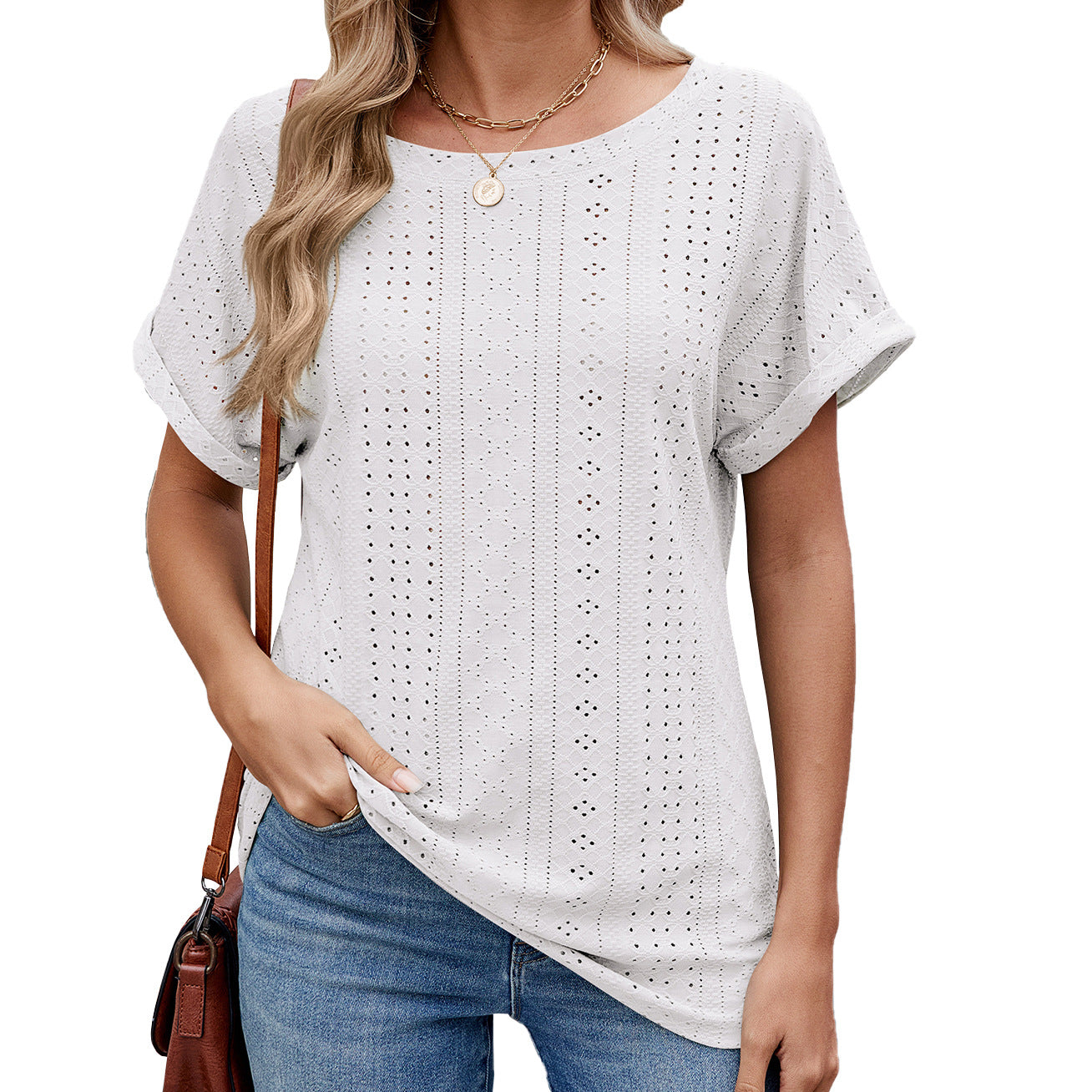 Women's Solid Color Round Neck Sleeves Loose-fitting Casual Women's T-shirt