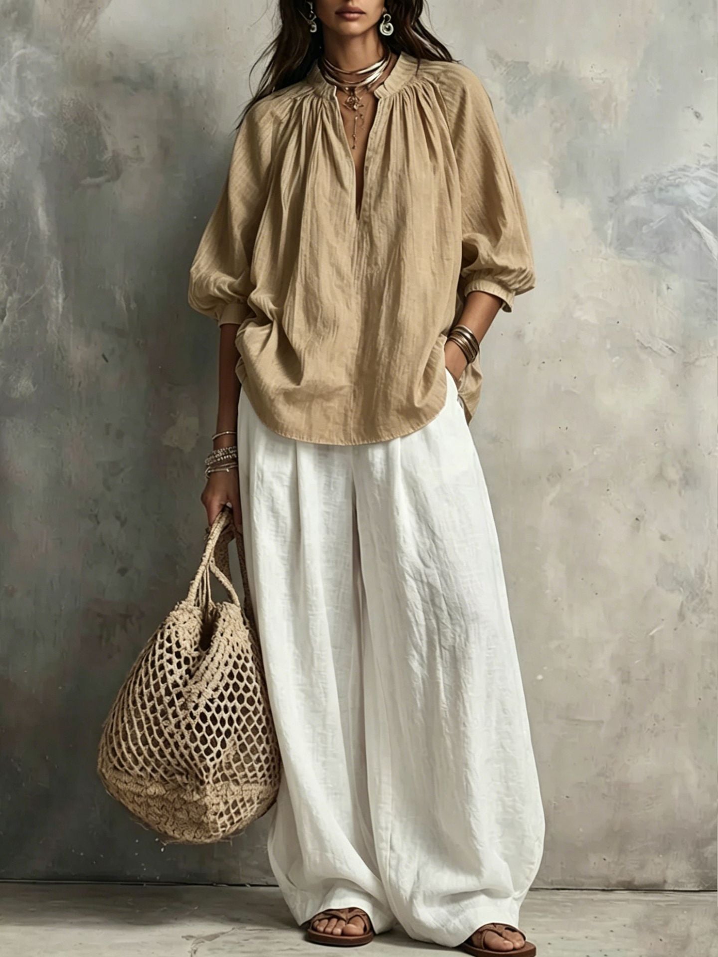 Summer Cotton Linen Puff Sleeve Shirt Wide Fashion Casual Suit