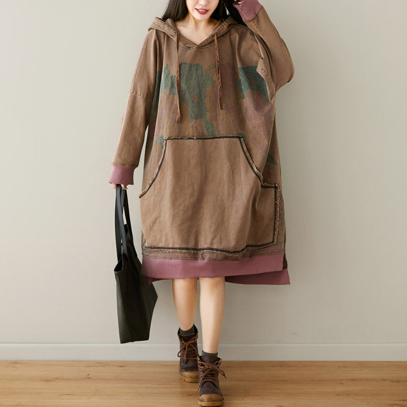 Hooded Dress Distressed Print Long Artistic Stitching Lang Sweaters