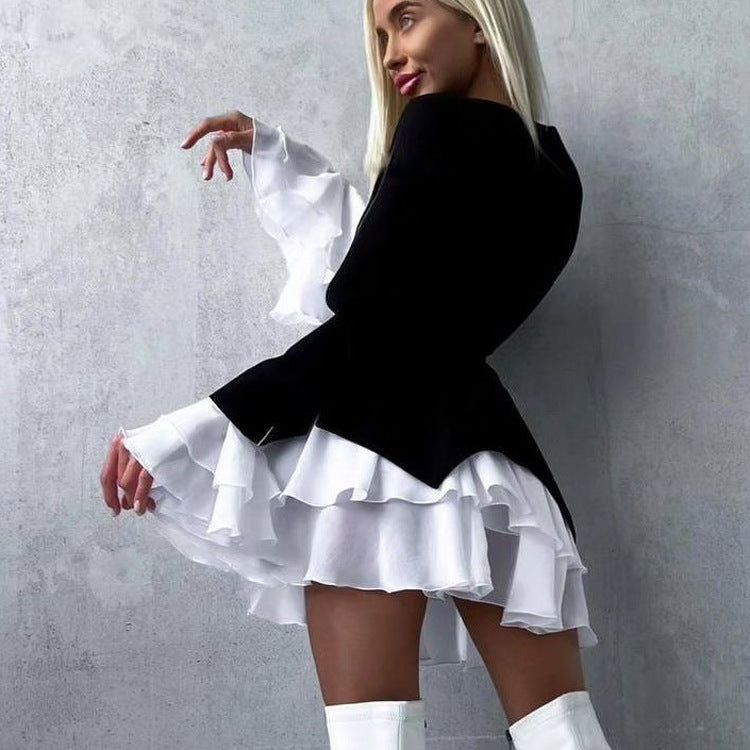 Women's White Color Contrast Dress Flared Sleeves Dresses