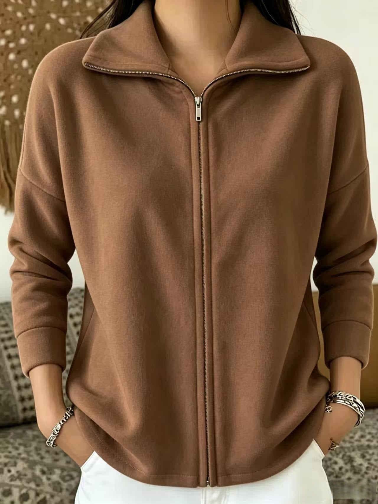 Veet Solid Color Loose Zip Easy Women's Sweater, Sweater