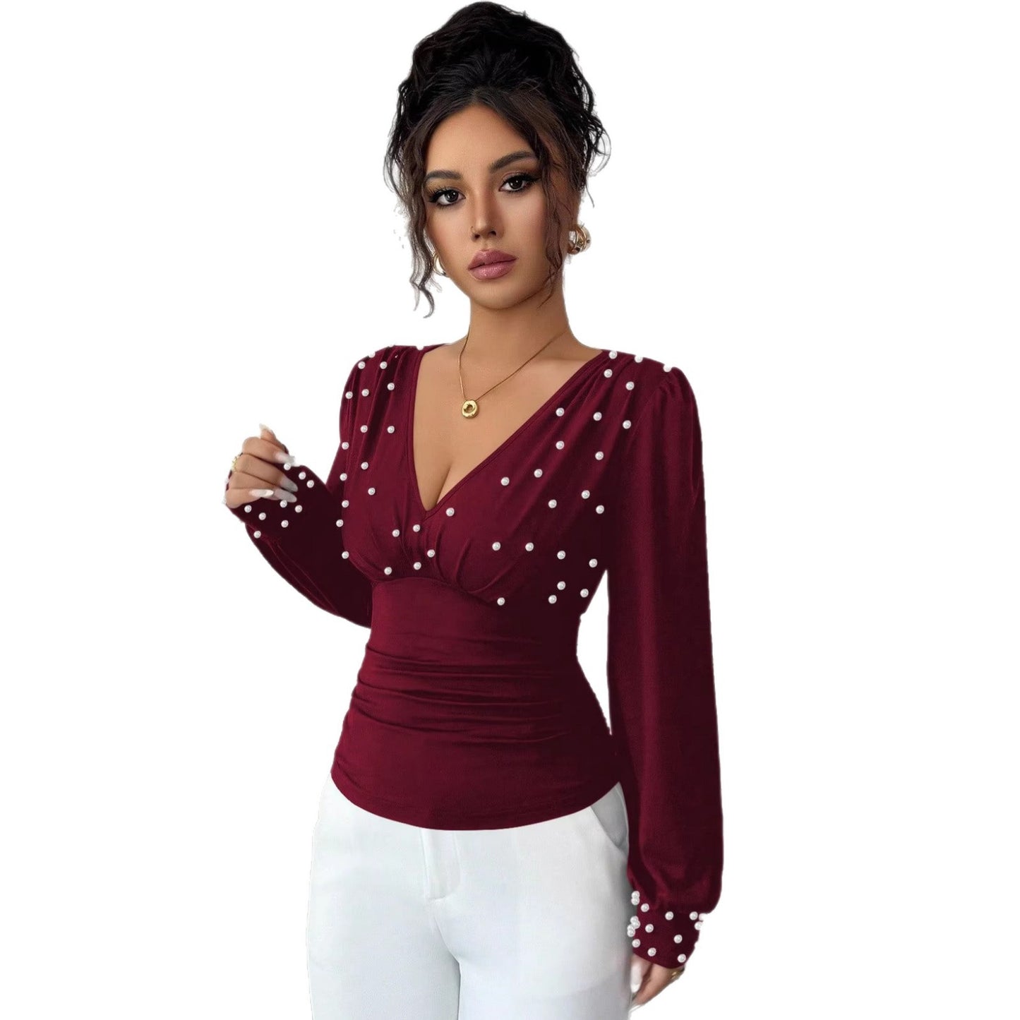 Color Fashion Sexy Long Sleeve Pearl Women's T-shirt