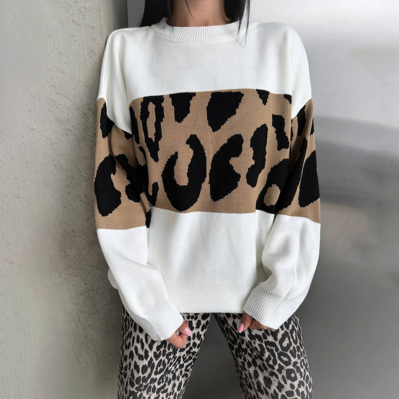Women's Fashionable Leopard Print Loose Casual Long Sleeves Round Sweaters