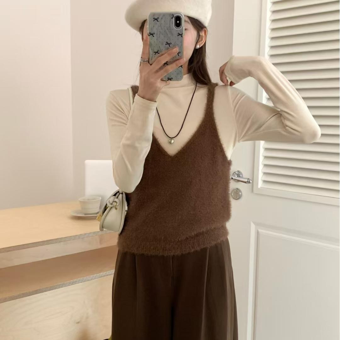 Korean Style Fashion Imitation Mink Simple Bandage Dress Knitted Women's Vest