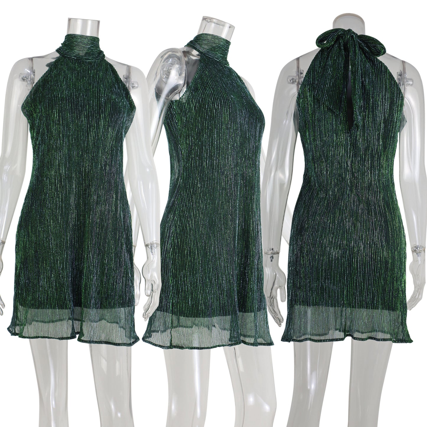 Women's Metallic Bright Silk Halter High Elastic Pleated Mini Dress