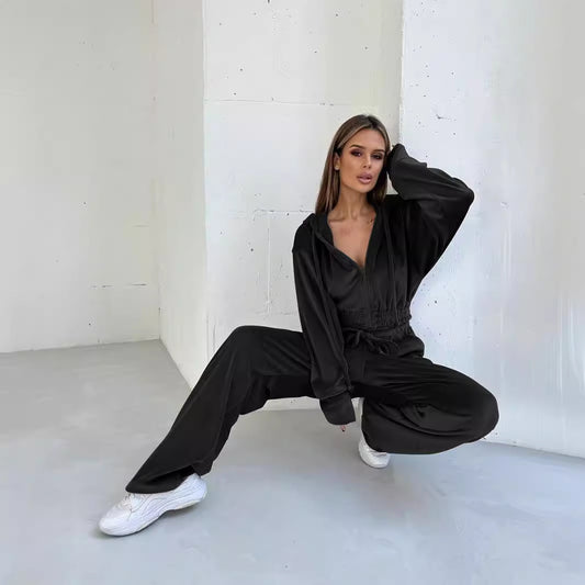 Women's Hooded Casual Zipper Sports Suede Trousers Suits