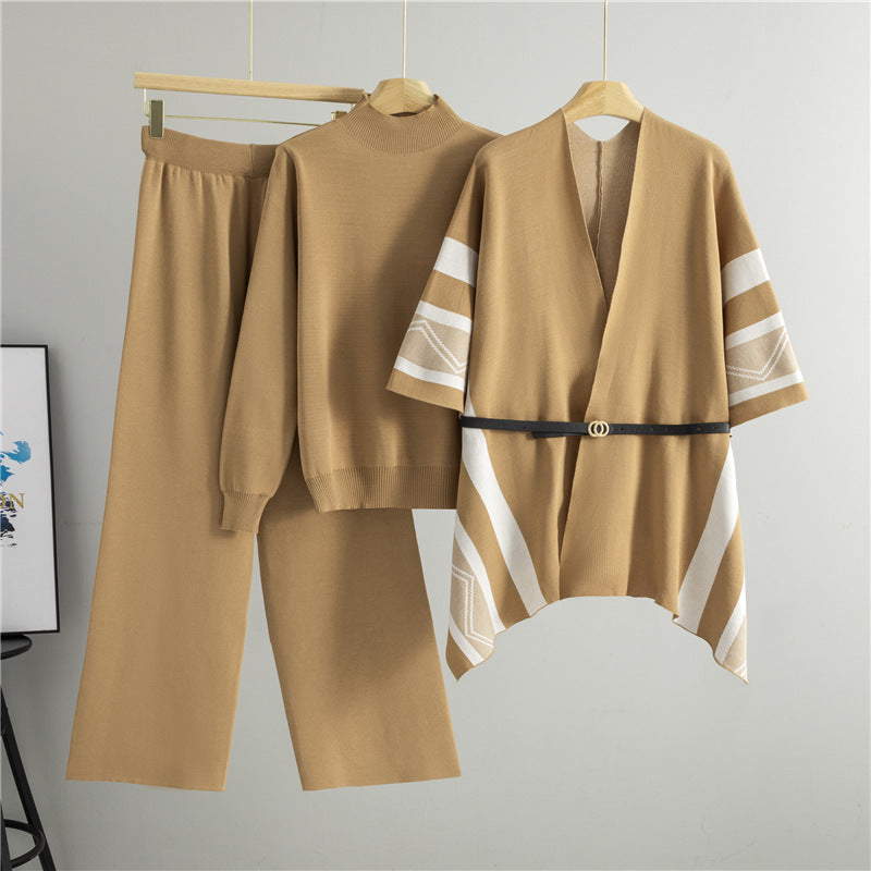 Women's Loose Knitted Shawl Turtleneck Wide Leg Three-piece Pants