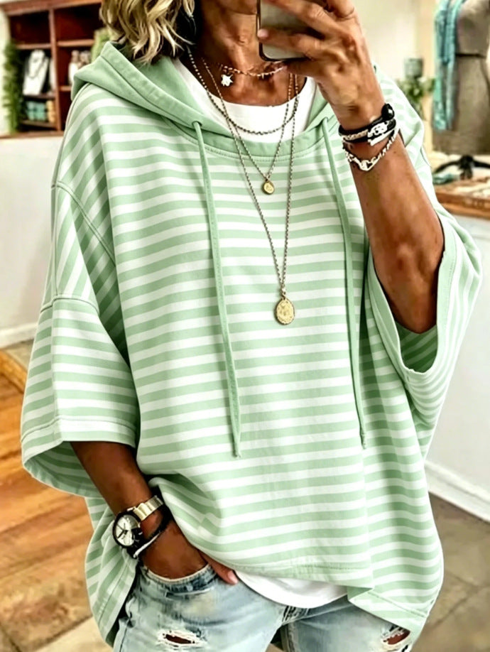 Women's Loose Casual Striped Hooded Sleeve Sweatshirt Women's Sweater, Sweater