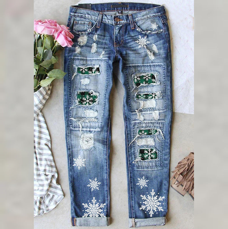Women's Creative Winter Christmas Printed Ripped Jeans
