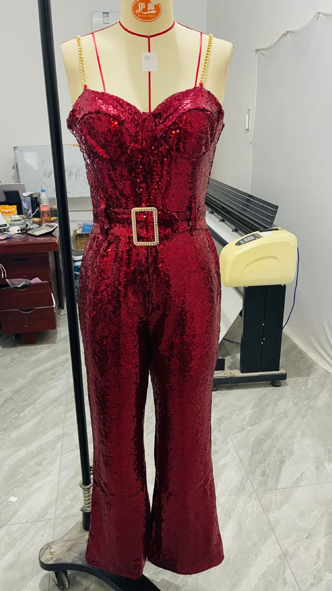 Women's Fashion Sexy Chain Belt Sequined Backless Jumpsuits