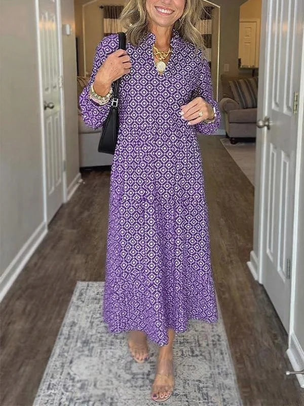 Collar Sleeve Digital Printing Diamond Pattern Dress