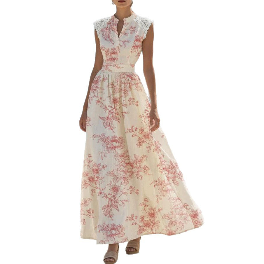 Women's Summer Printed Shoulder Lace Sleeveless Dress