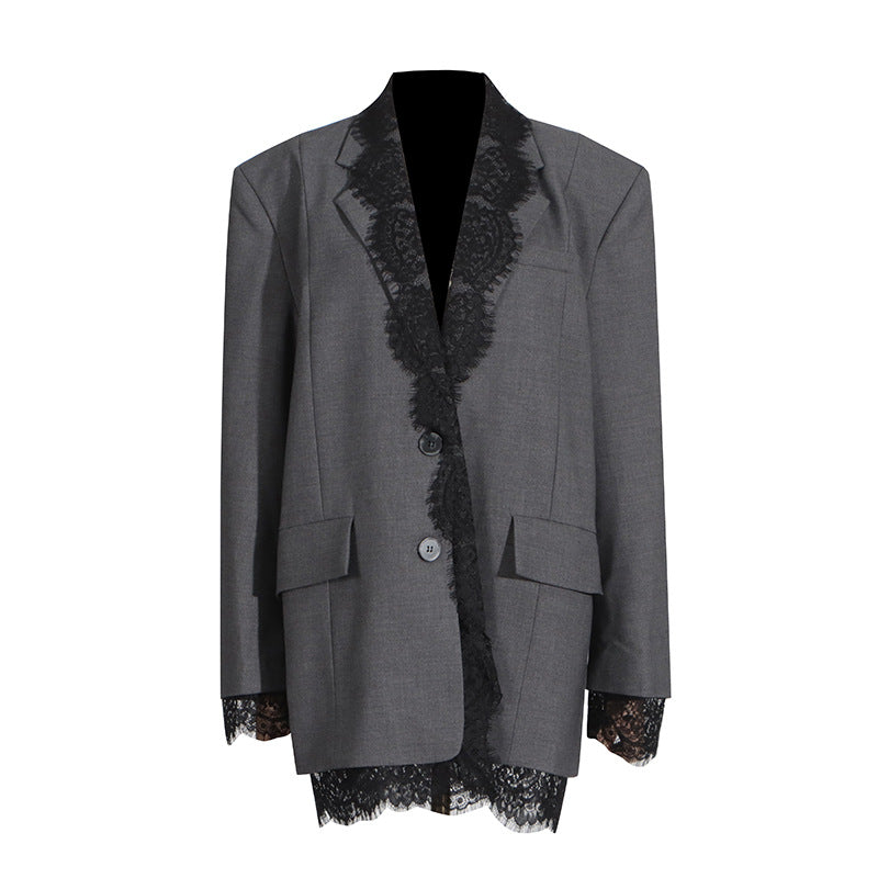 Women's Fashionable Spring Lace Stitching Design Long Blazers