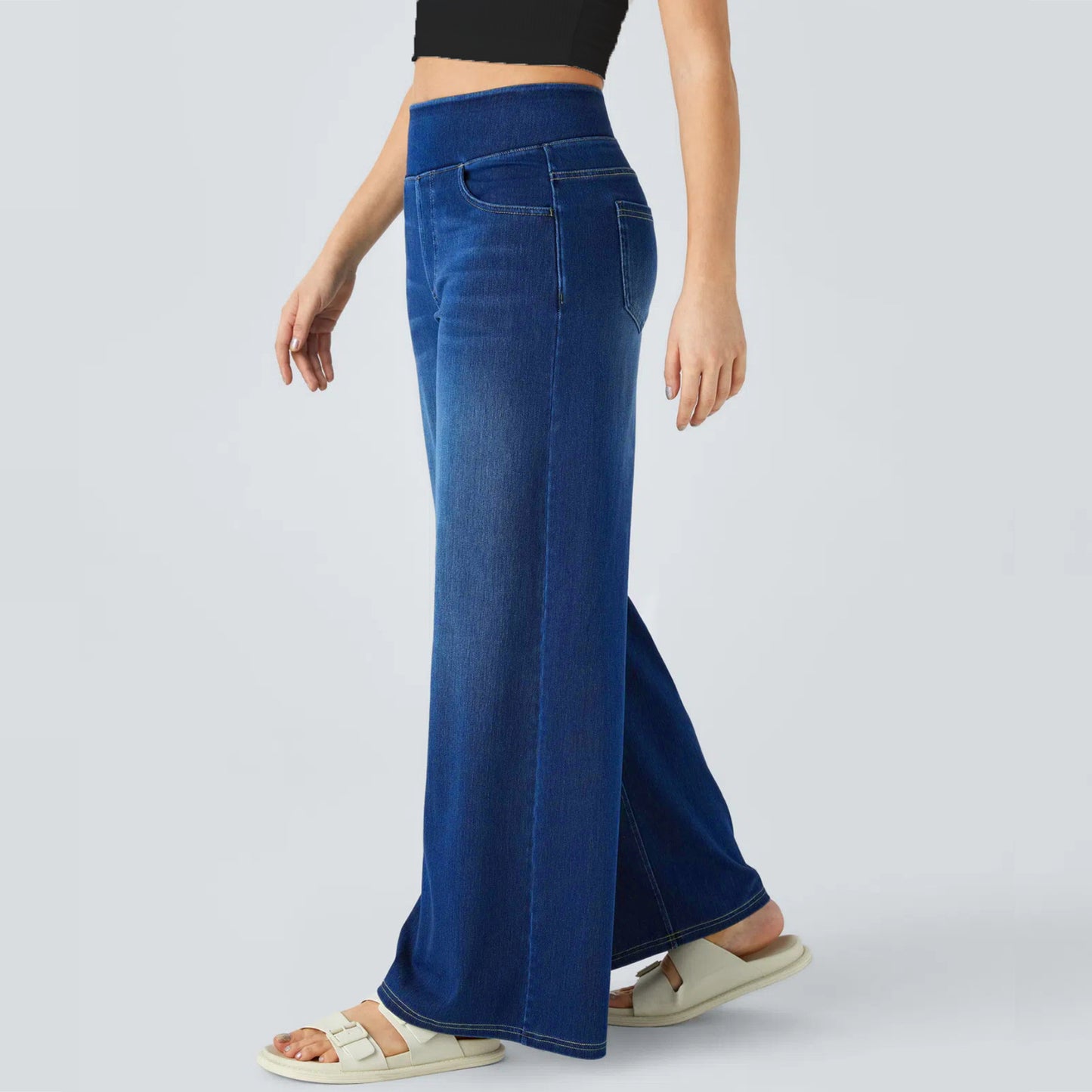 Women's Waist Wide Leg Elastic Straight Slimming Loose Jeans