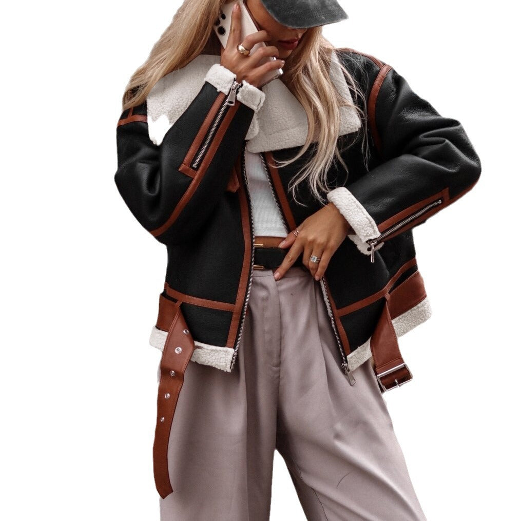 Women's Outerwear Large Lapel Motorcycle Single-layer Fleece-lined Jackets
