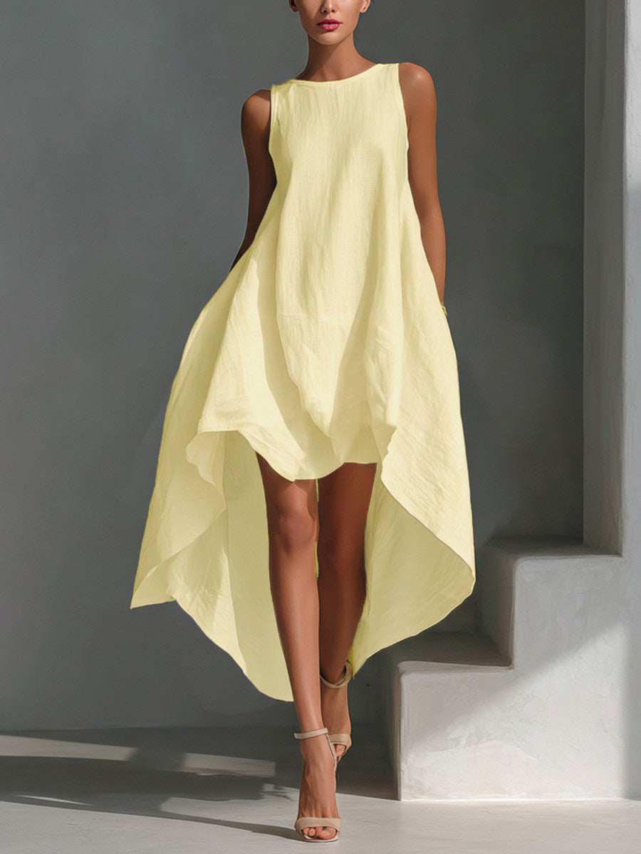 Women's Spring Cotton Linen Front Long Back Irregular Sleeveless Dress