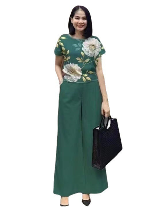 Women's Color Loose Short-sleeved Printed Trousers Two-piece Set Fashion Casual Suit