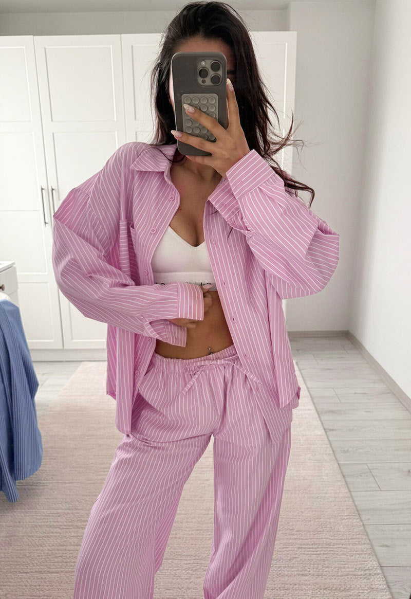 Women's Striped Casual Simple Long-sleeved Trousers Loose Suits