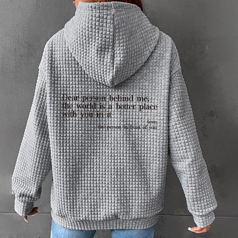 Women's Waffle Hooded Long Sleeve Letter Print Sweatshirt Women's Sweater, Sweater