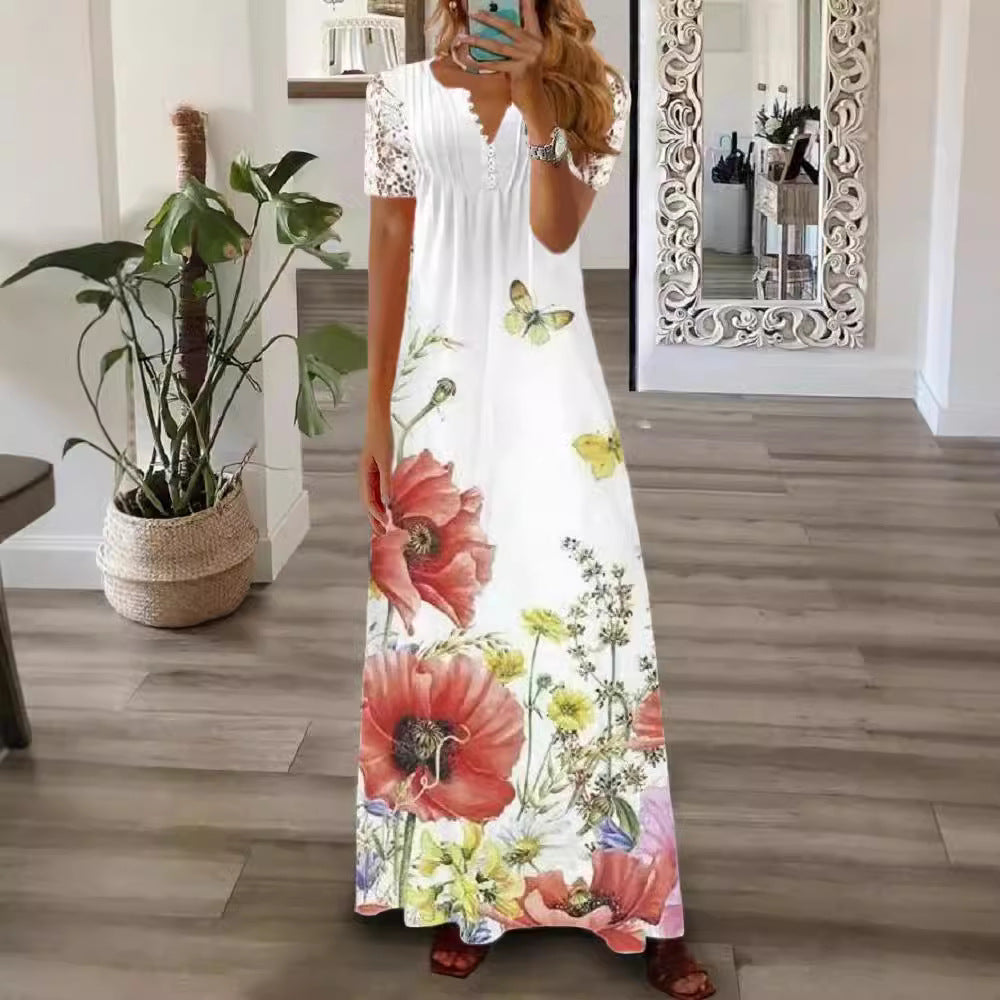 Women's Summer Single Breasted Lace Ruffled Sleeves Dress