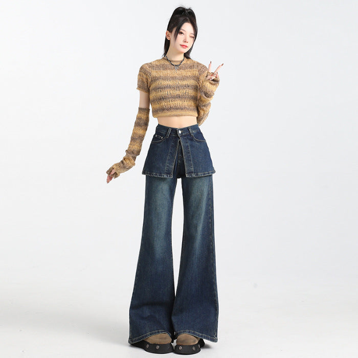 Women's Fake Two-piece Dark Blue Fart Curtain Jeans