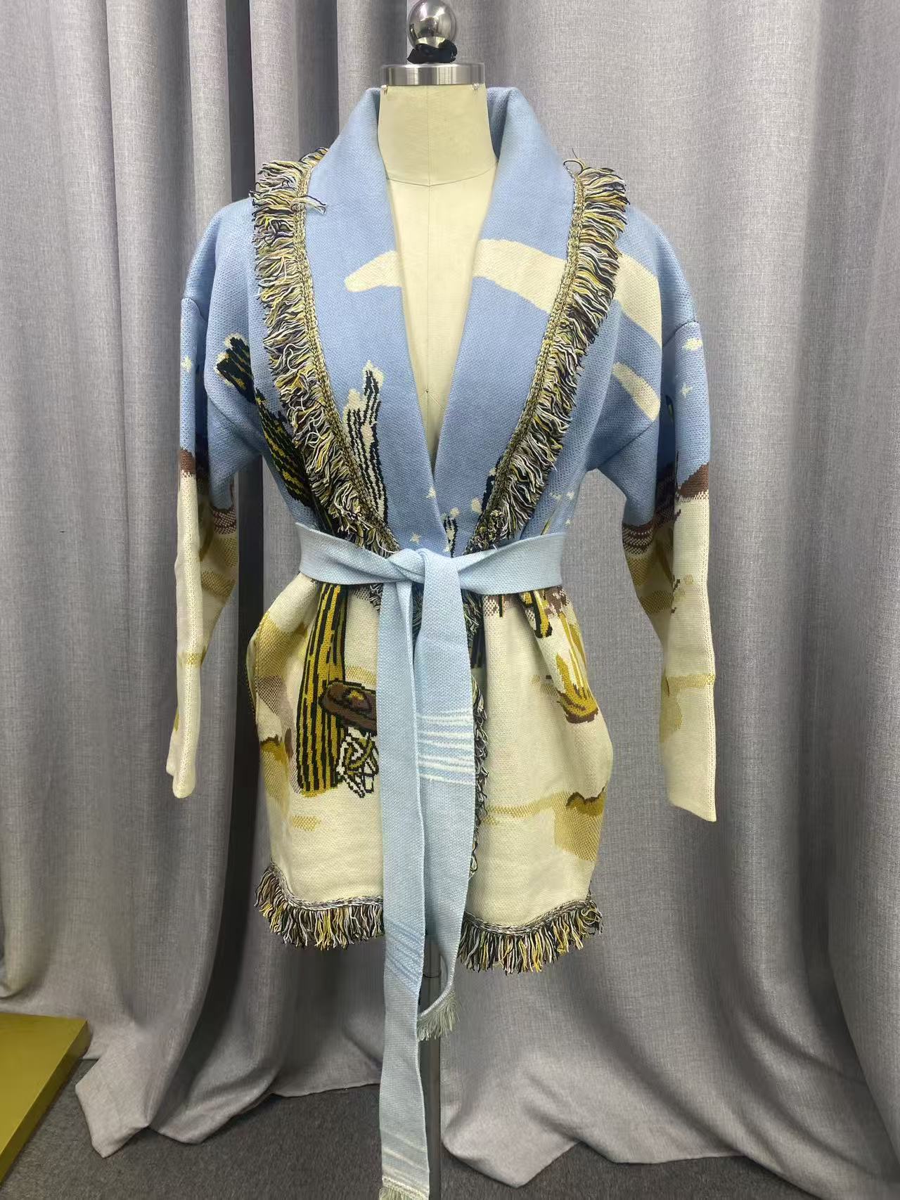 Retro Purple Brocade Wool Blended Tassel Sweaters