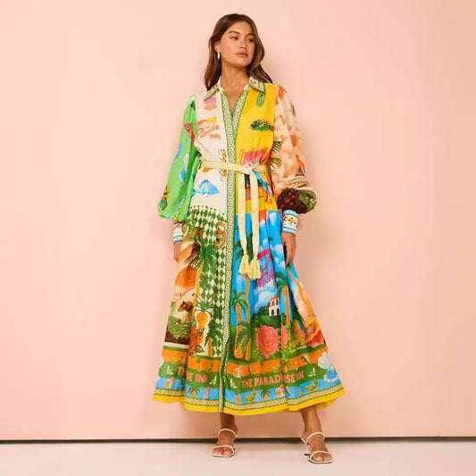 Single-breasted Long Lantern Sleeve Iti Printing Dress
