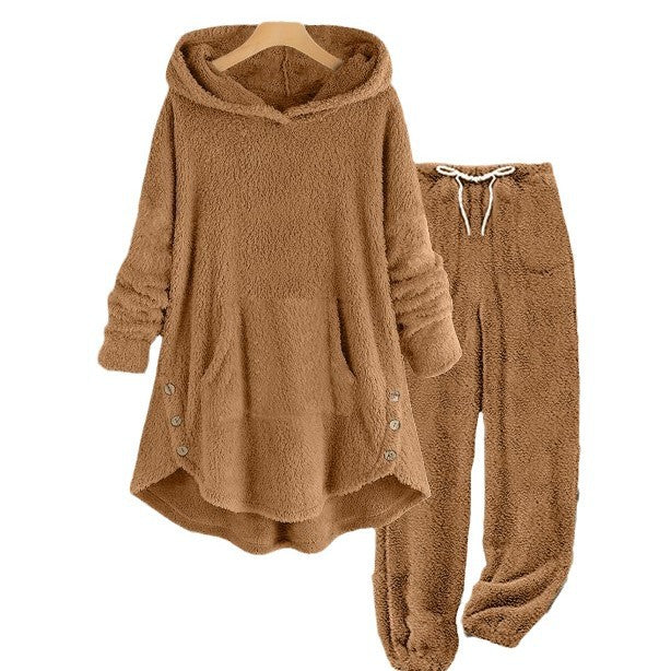 Women's Casual Solid Color Plush Hooded Long Sleeve Suits