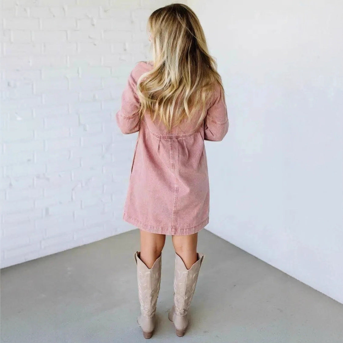 Women's Denim Button Lotus Leaf Long Sleeve Loose Dresses