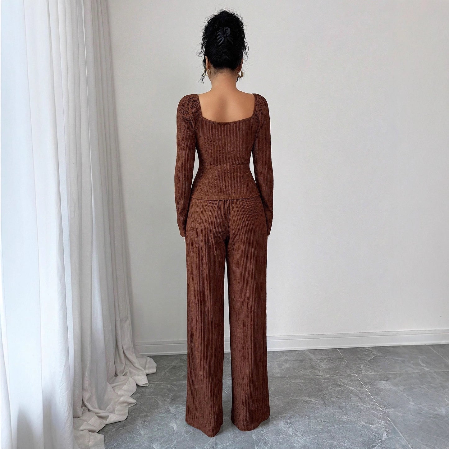 Women's Knitted Solid Color Square-cut Collar Metal Suits