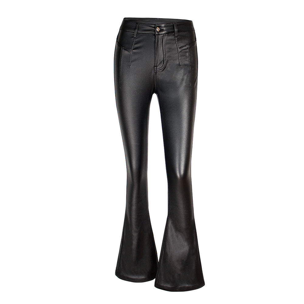 Women's Leather Black High Waist Brushed Bottom Pants