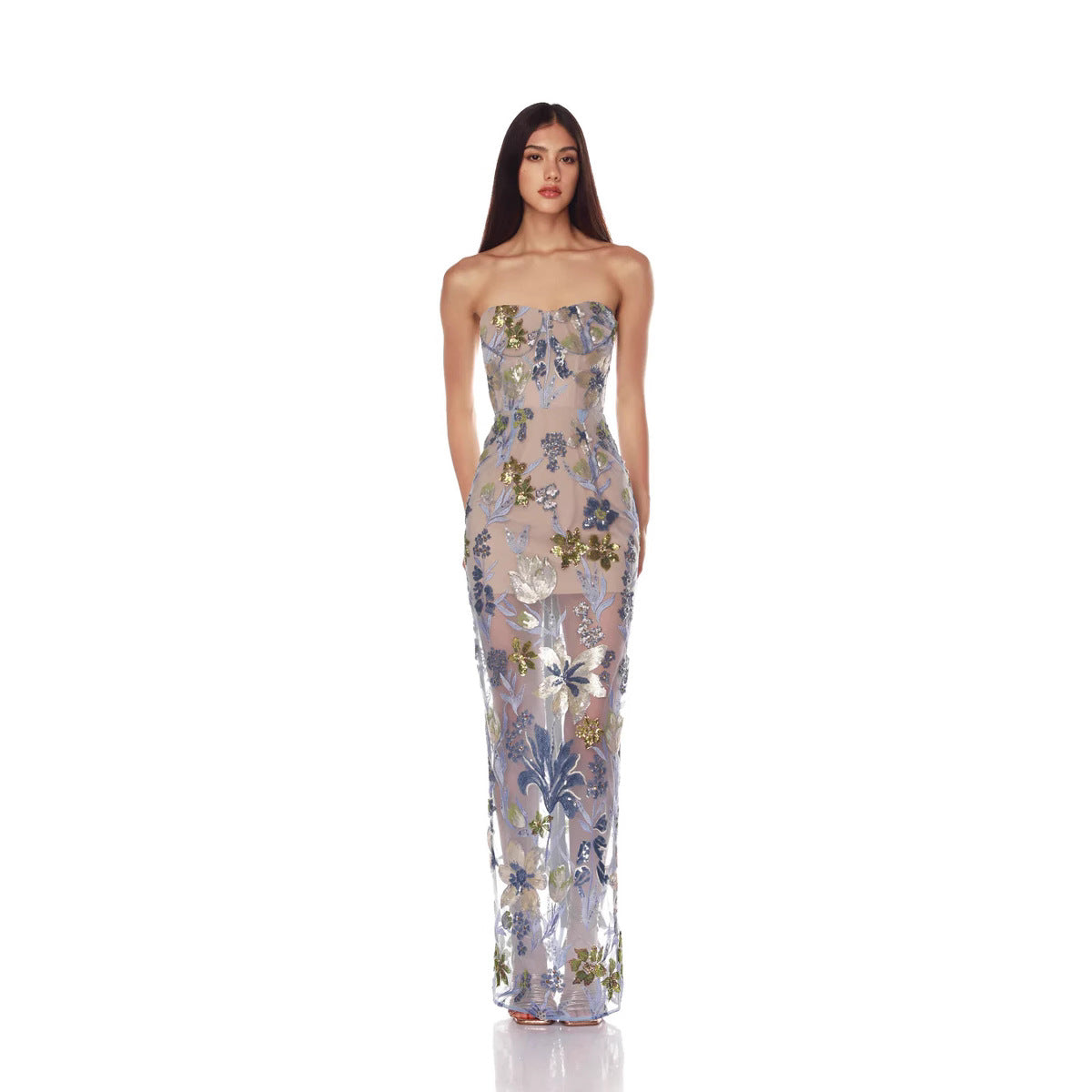 Women's Wear Tube Mesh Floral Embroidered Long Dresses