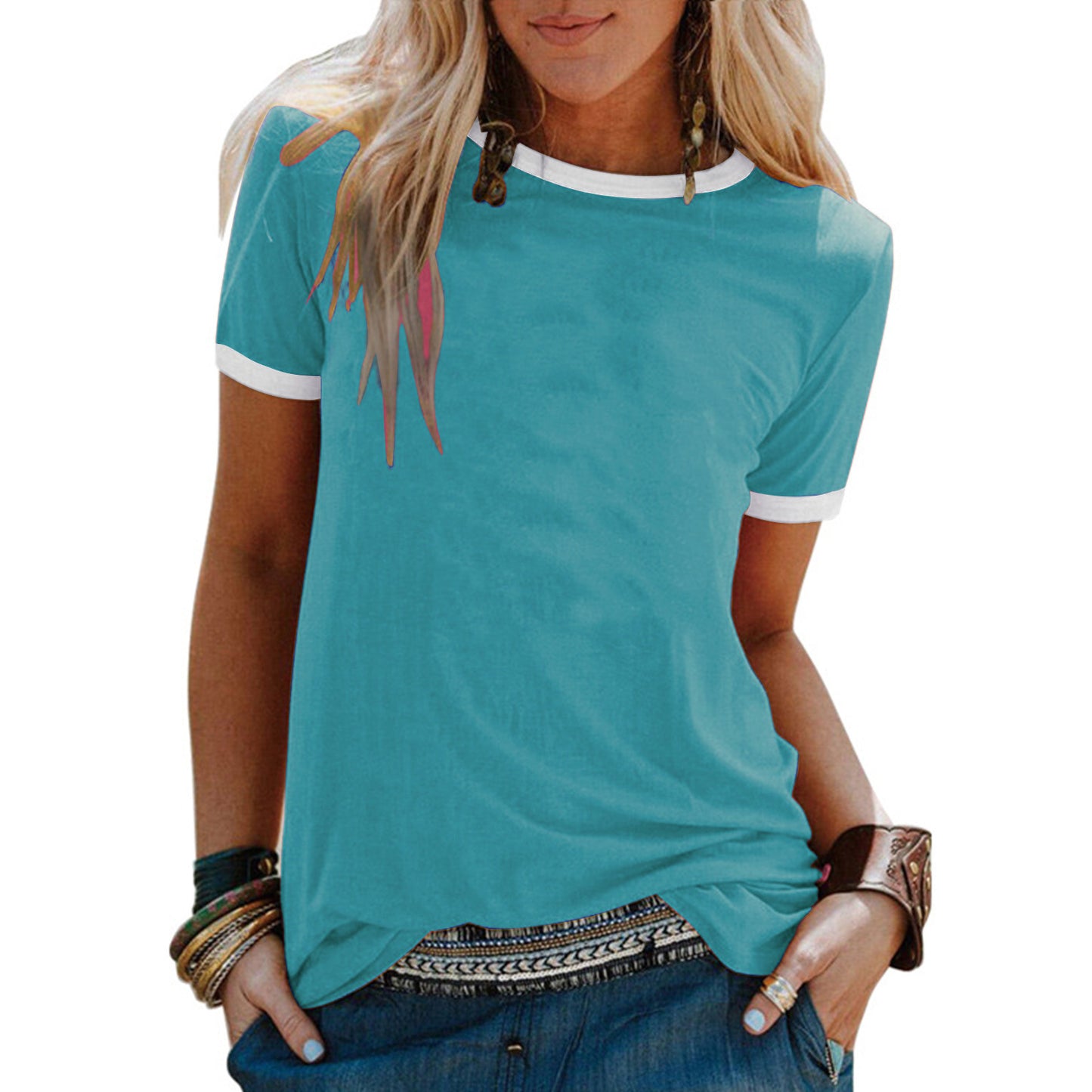 Women's Solid Color Loose Round Neck Sleeve Shorts