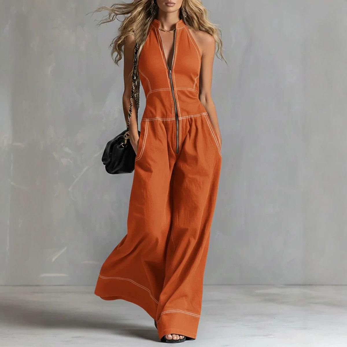 Women's Stand Collar Sleeveless Casual Loose Commuter Women's Jumpsuit/clothing