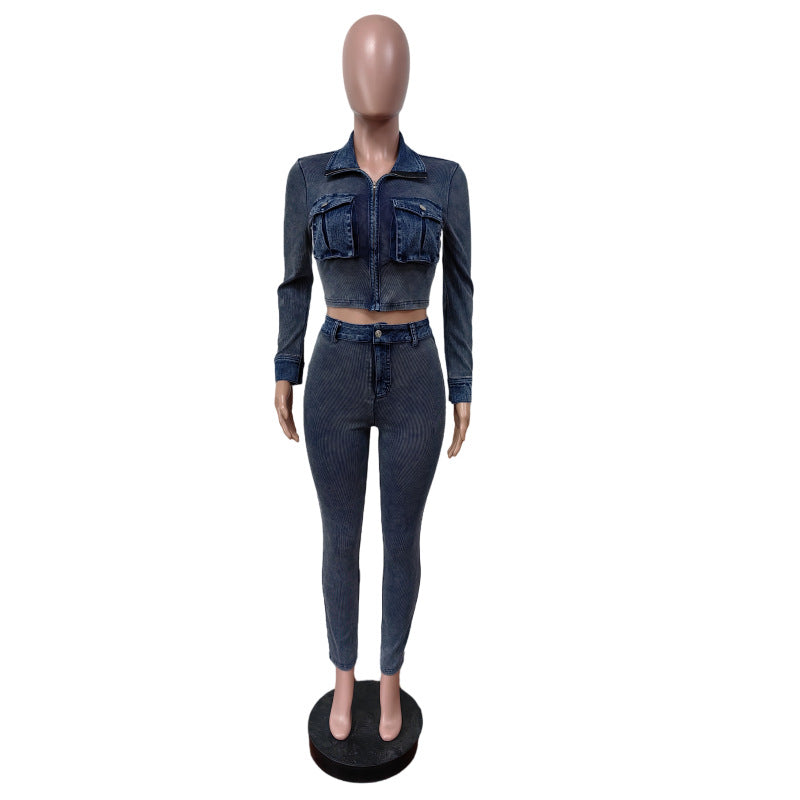 Denim Stitching Wash Sunken Stripe Stretch Suits