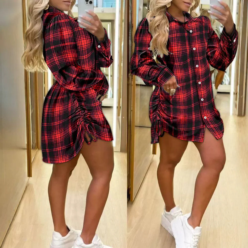 Fashion Brushed Plaid Long Sleeve Shirt Skirts