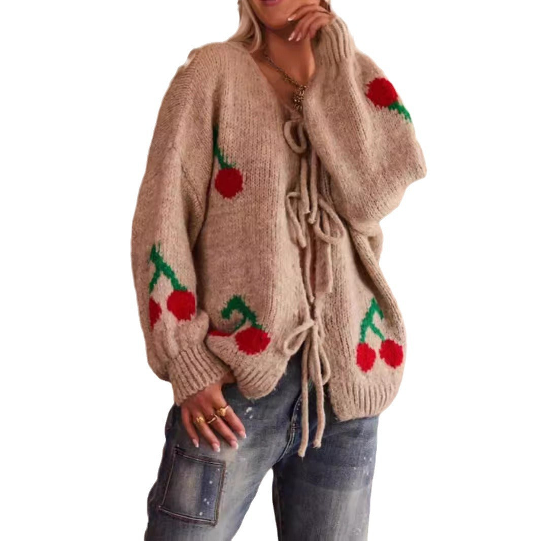 Women's Solid Color Cherry Jacquard Knitted Sweaters