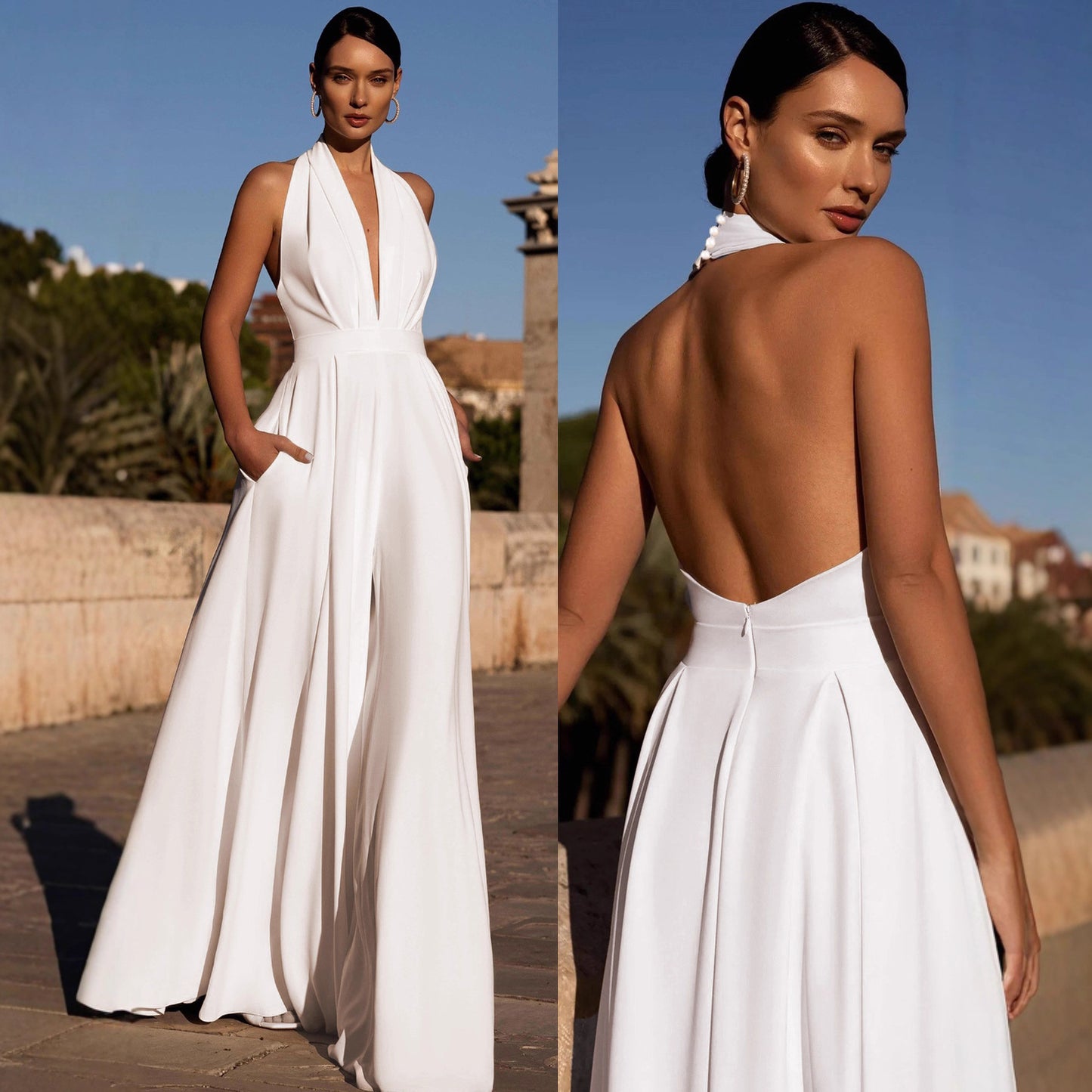 Women's Sleeveless Halter Solid Color Wide Leg Jumpsuits