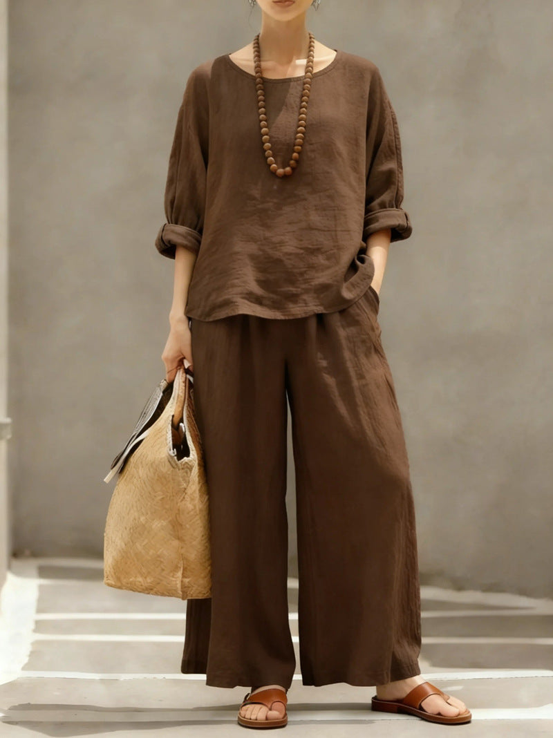 Women's Loose Outfit Cotton Linen Shirt Two-piece Suits