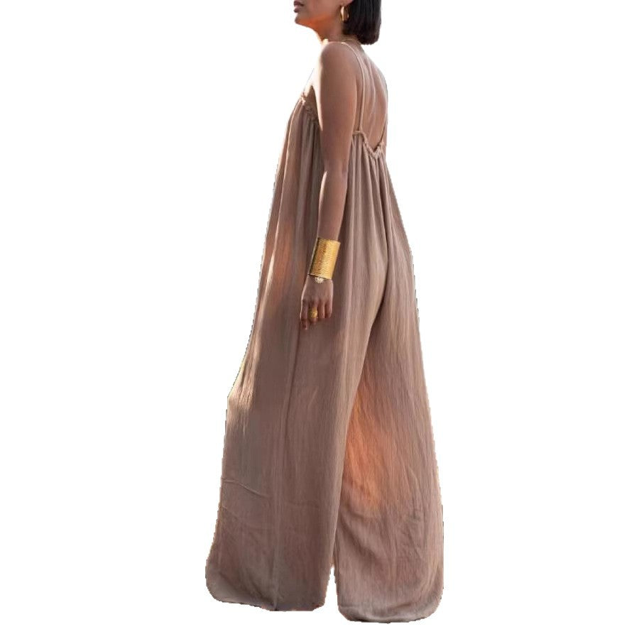 Women's Linen Sling Backless Loose-fitting Vacation Style Women's Jumpsuit/clothing