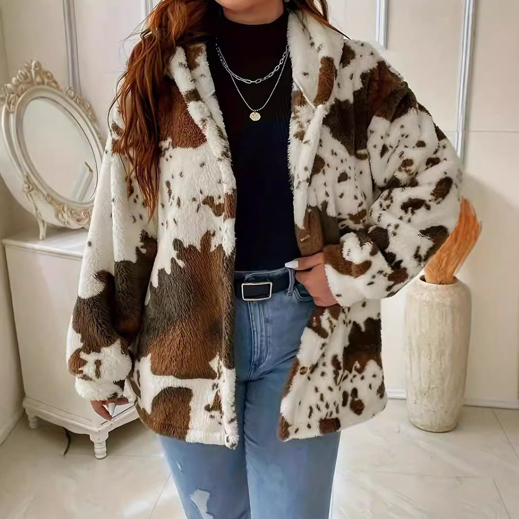 Women's Casual Fashion Plush Cow Print Button Knitwear