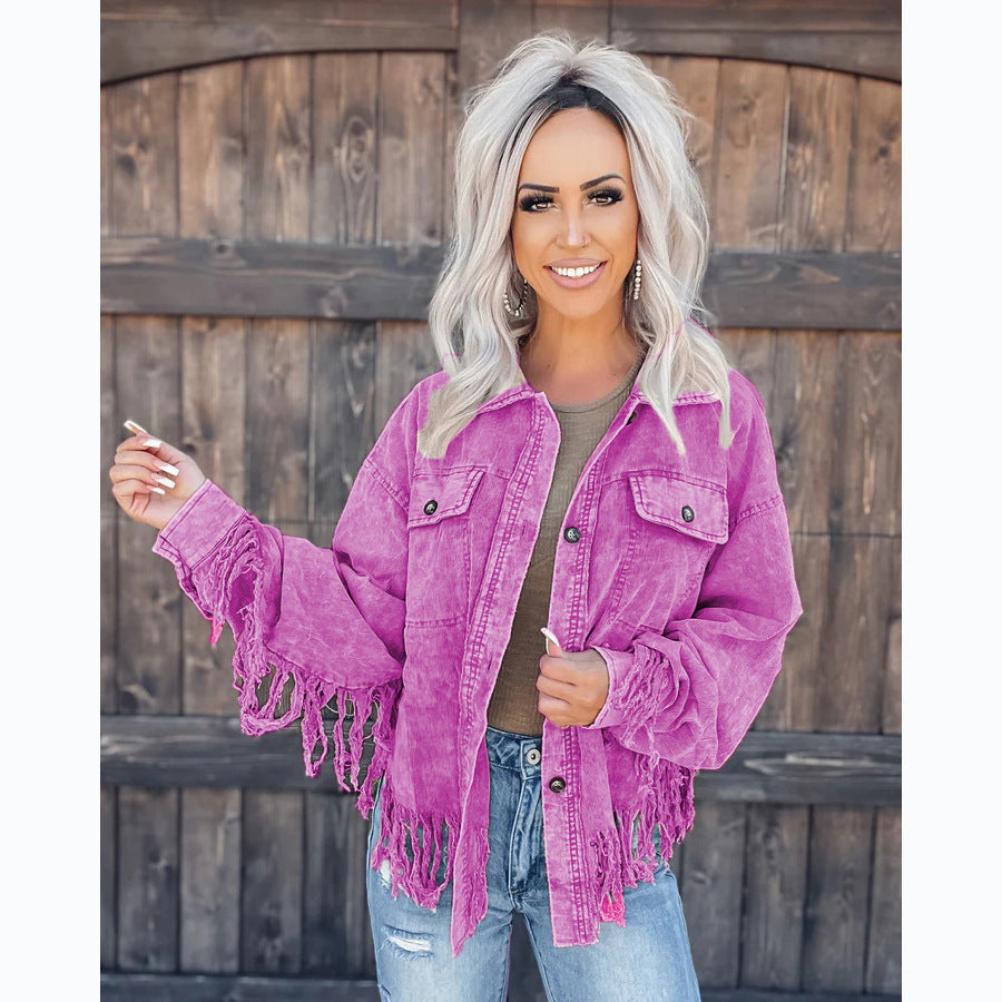 Casual Street Style Stitching Tassel Washed Coats